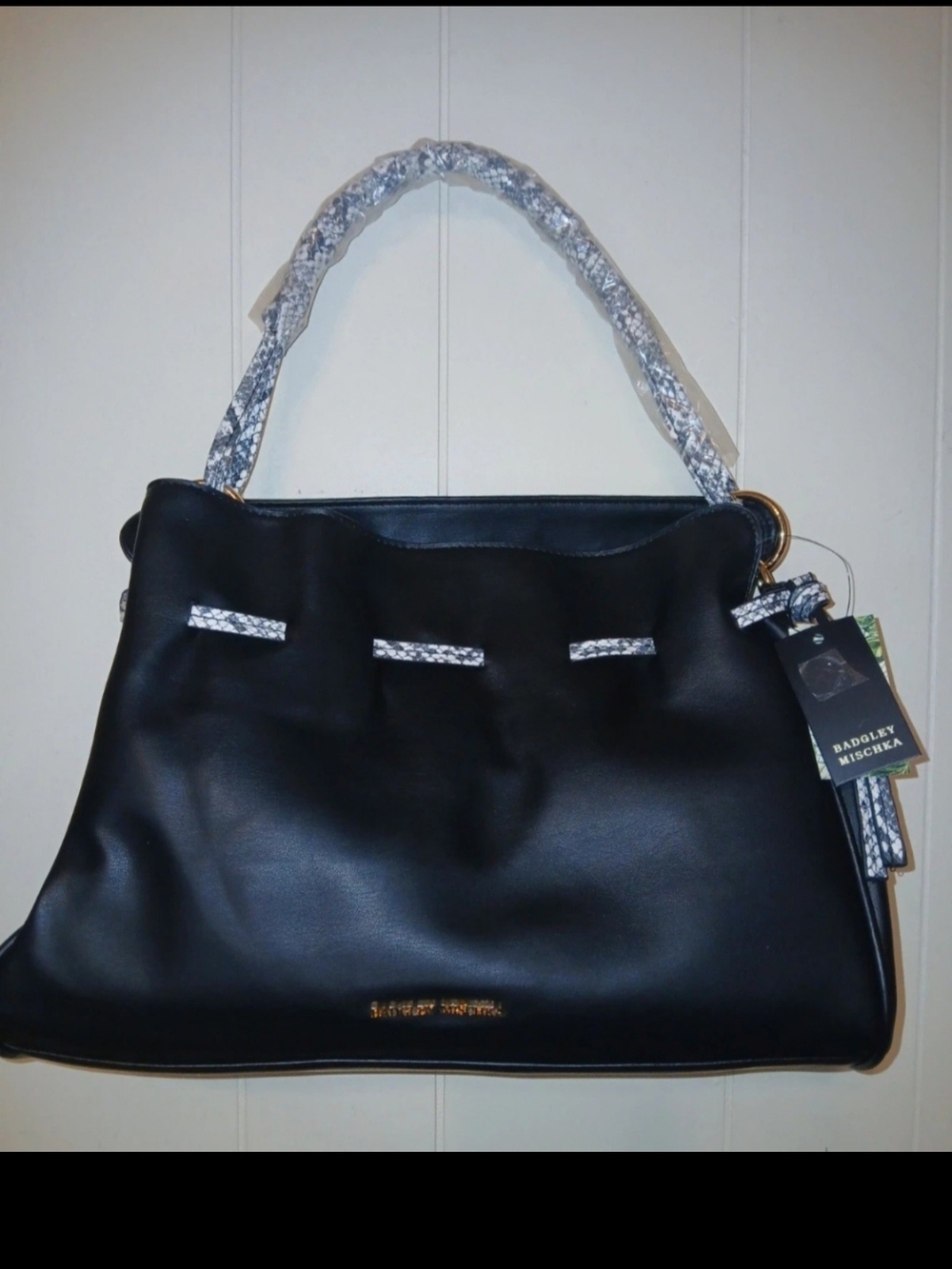Badgley Mischka Black Shoulder Tote with Snake-Print Trim